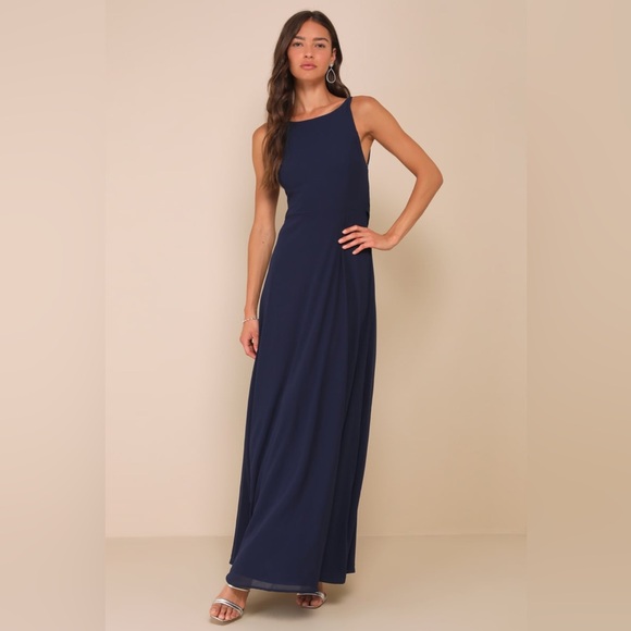 Lulus-Sophisticated Pose Navy Chiffon Boat Neck Backless Maxi Dress - Picture 4 of 6